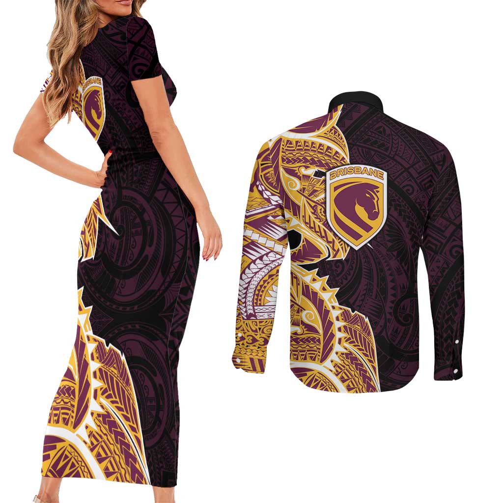 Brisbane Broncos Couples Matching Short Sleeve Bodycon Dress and Long Sleeve Button Shirt Polynesian Tribal Tattoo Pacific Sport Art