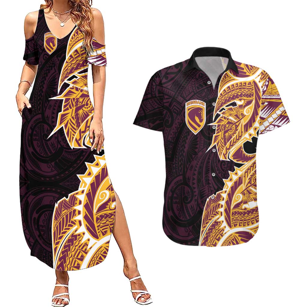 Brisbane Broncos Couples Matching Summer Maxi Dress and Hawaiian Shirt Polynesian Tribal Tattoo Pacific Sport Art