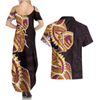 Brisbane Broncos Couples Matching Summer Maxi Dress and Hawaiian Shirt Polynesian Tribal Tattoo Pacific Sport Art