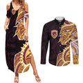 Brisbane Broncos Couples Matching Summer Maxi Dress and Long Sleeve Button Shirt Polynesian Tribal Tattoo Pacific Sport Art