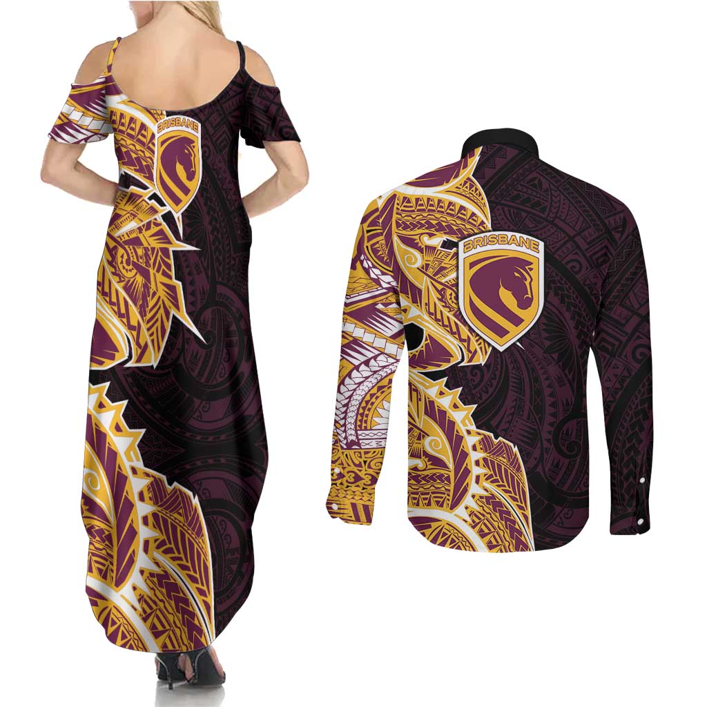 Brisbane Broncos Couples Matching Summer Maxi Dress and Long Sleeve Button Shirt Polynesian Tribal Tattoo Pacific Sport Art
