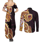 Brisbane Broncos Couples Matching Summer Maxi Dress and Long Sleeve Button Shirt Polynesian Tribal Tattoo Pacific Sport Art