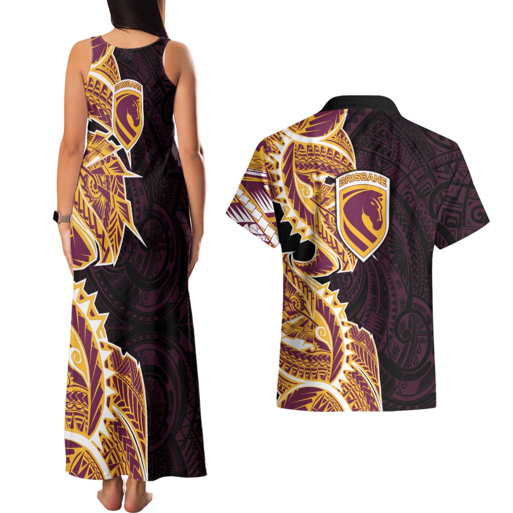 Brisbane Broncos Couples Matching Tank Maxi Dress and Hawaiian Shirt Polynesian Tribal Tattoo Pacific Sport Art