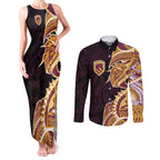 Brisbane Broncos Couples Matching Tank Maxi Dress and Long Sleeve Button Shirt Polynesian Tribal Tattoo Pacific Sport Art