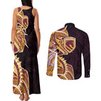 Brisbane Broncos Couples Matching Tank Maxi Dress and Long Sleeve Button Shirt Polynesian Tribal Tattoo Pacific Sport Art