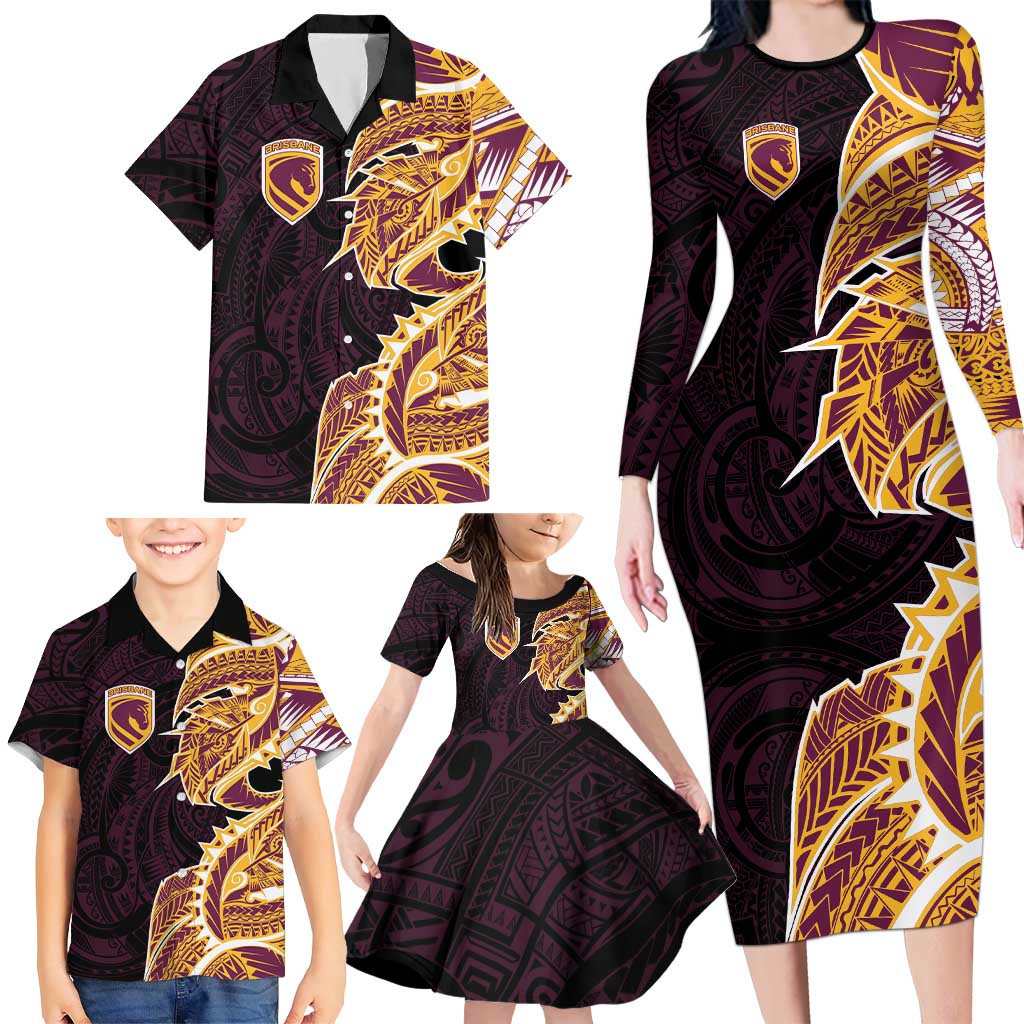 Brisbane Broncos Family Matching Long Sleeve Bodycon Dress and Hawaiian Shirt Polynesian Tribal Tattoo Pacific Sport Art