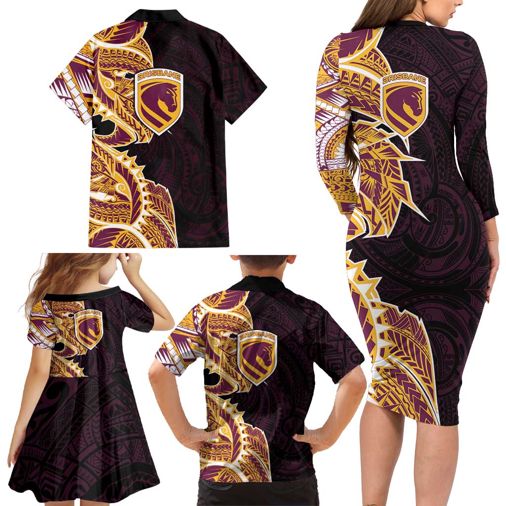 Brisbane Broncos Family Matching Long Sleeve Bodycon Dress and Hawaiian Shirt Polynesian Tribal Tattoo Pacific Sport Art