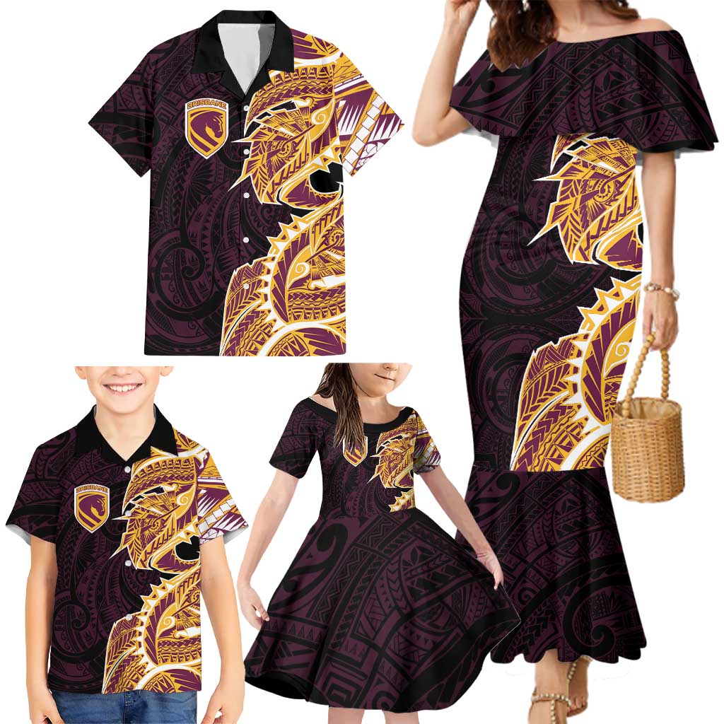 Brisbane Broncos Family Matching Mermaid Dress and Hawaiian Shirt Polynesian Tribal Tattoo Pacific Sport Art