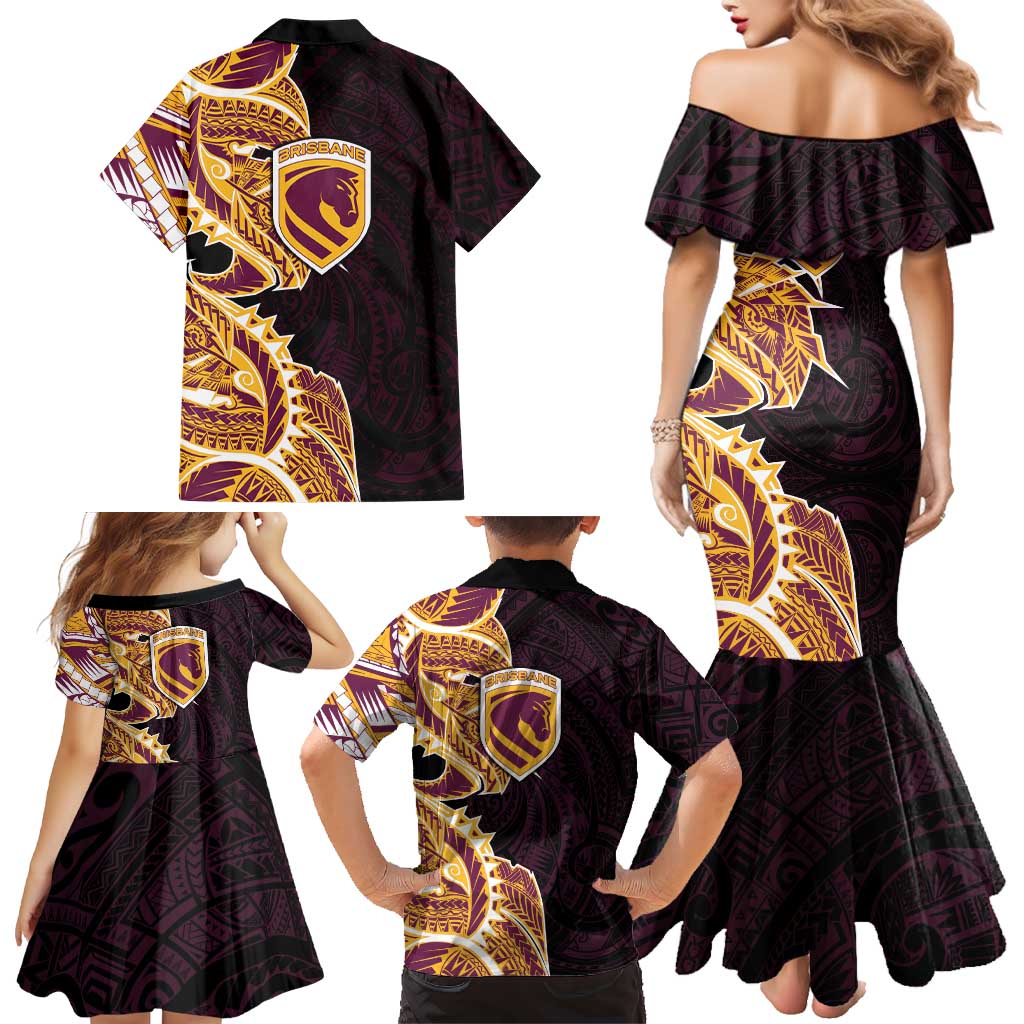 Brisbane Broncos Family Matching Mermaid Dress and Hawaiian Shirt Polynesian Tribal Tattoo Pacific Sport Art