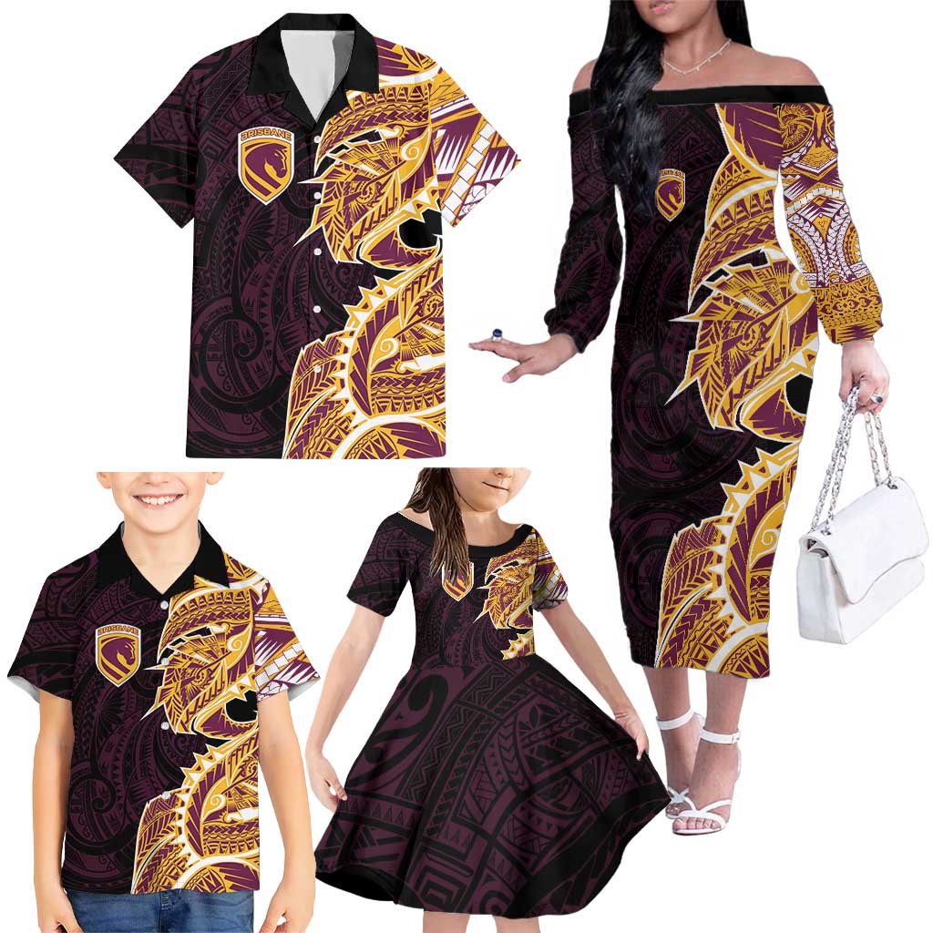 Brisbane Broncos Family Matching Off The Shoulder Long Sleeve Dress and Hawaiian Shirt Polynesian Tribal Tattoo Pacific Sport Art