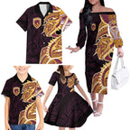Brisbane Broncos Family Matching Off The Shoulder Long Sleeve Dress and Hawaiian Shirt Polynesian Tribal Tattoo Pacific Sport Art