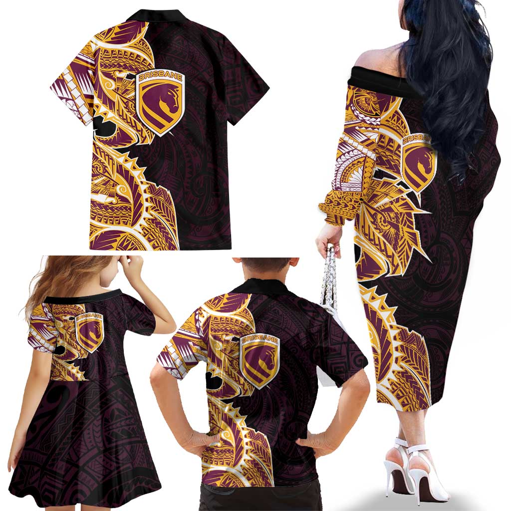 Brisbane Broncos Family Matching Off The Shoulder Long Sleeve Dress and Hawaiian Shirt Polynesian Tribal Tattoo Pacific Sport Art