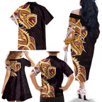 Brisbane Broncos Family Matching Off The Shoulder Long Sleeve Dress and Hawaiian Shirt Polynesian Tribal Tattoo Pacific Sport Art