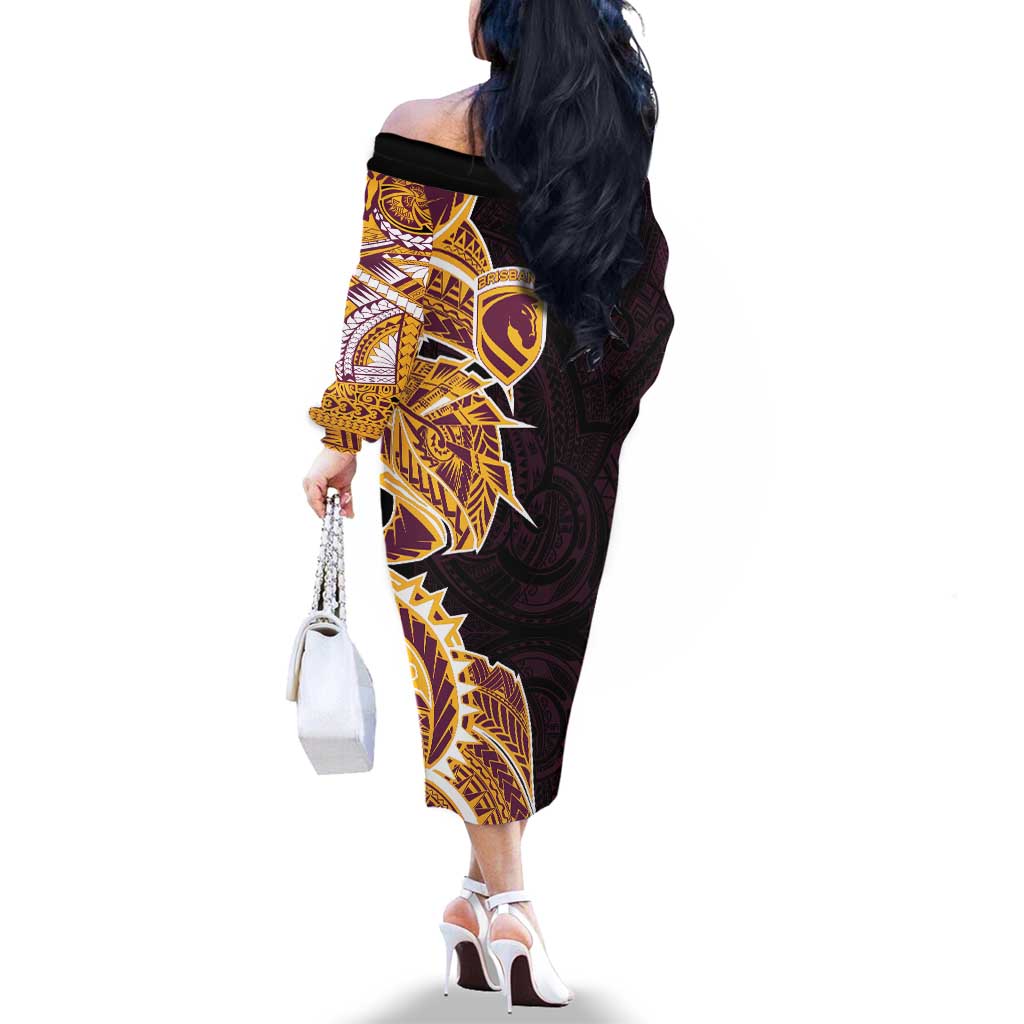 Brisbane Broncos Family Matching Off The Shoulder Long Sleeve Dress and Hawaiian Shirt Polynesian Tribal Tattoo Pacific Sport Art
