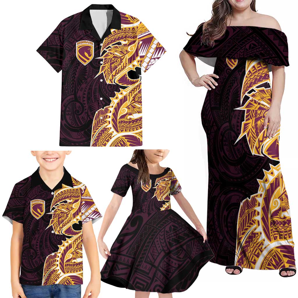 Brisbane Broncos Family Matching Off Shoulder Maxi Dress and Hawaiian Shirt Polynesian Tribal Tattoo Pacific Sport Art