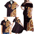 Brisbane Broncos Family Matching Off Shoulder Maxi Dress and Hawaiian Shirt Polynesian Tribal Tattoo Pacific Sport Art