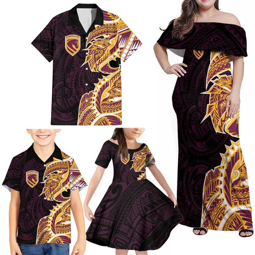Brisbane Broncos Family Matching Off Shoulder Maxi Dress and Hawaiian Shirt Polynesian Tribal Tattoo Pacific Sport Art