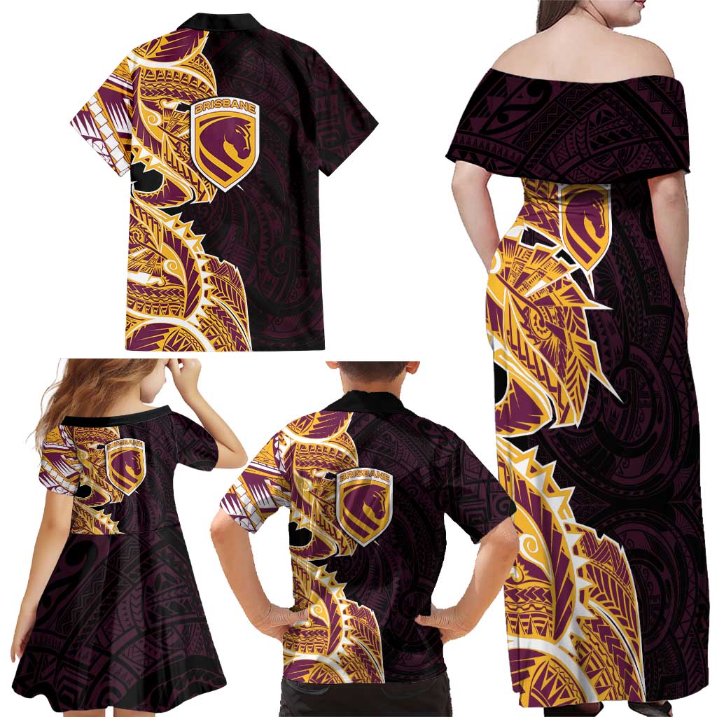 Brisbane Broncos Family Matching Off Shoulder Maxi Dress and Hawaiian Shirt Polynesian Tribal Tattoo Pacific Sport Art