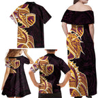 Brisbane Broncos Family Matching Off Shoulder Maxi Dress and Hawaiian Shirt Polynesian Tribal Tattoo Pacific Sport Art