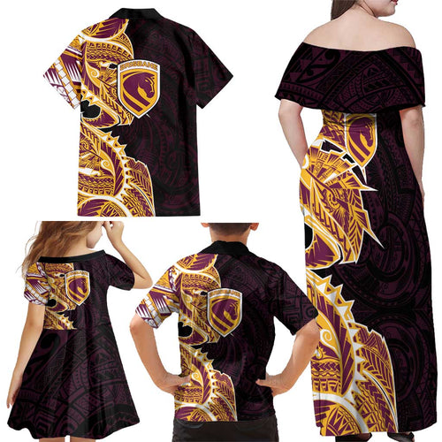 Brisbane Broncos Family Matching Off Shoulder Maxi Dress and Hawaiian Shirt Polynesian Tribal Tattoo Pacific Sport Art