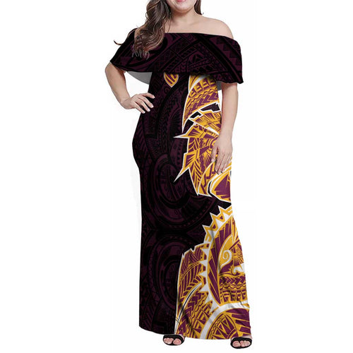 Brisbane Broncos Family Matching Off Shoulder Maxi Dress and Hawaiian Shirt Polynesian Tribal Tattoo Pacific Sport Art