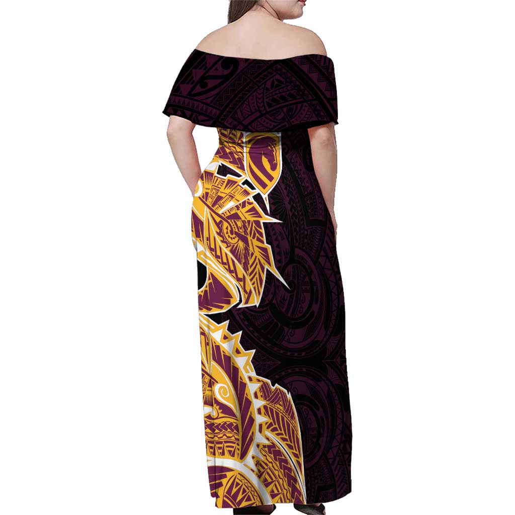 Brisbane Broncos Family Matching Off Shoulder Maxi Dress and Hawaiian Shirt Polynesian Tribal Tattoo Pacific Sport Art