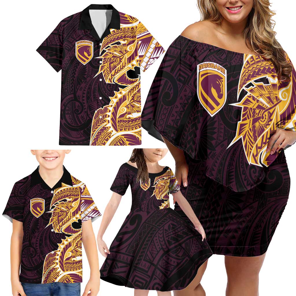 Brisbane Broncos Family Matching Off Shoulder Short Dress and Hawaiian Shirt Polynesian Tribal Tattoo Pacific Sport Art