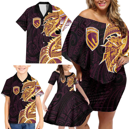 Brisbane Broncos Family Matching Off Shoulder Short Dress and Hawaiian Shirt Polynesian Tribal Tattoo Pacific Sport Art