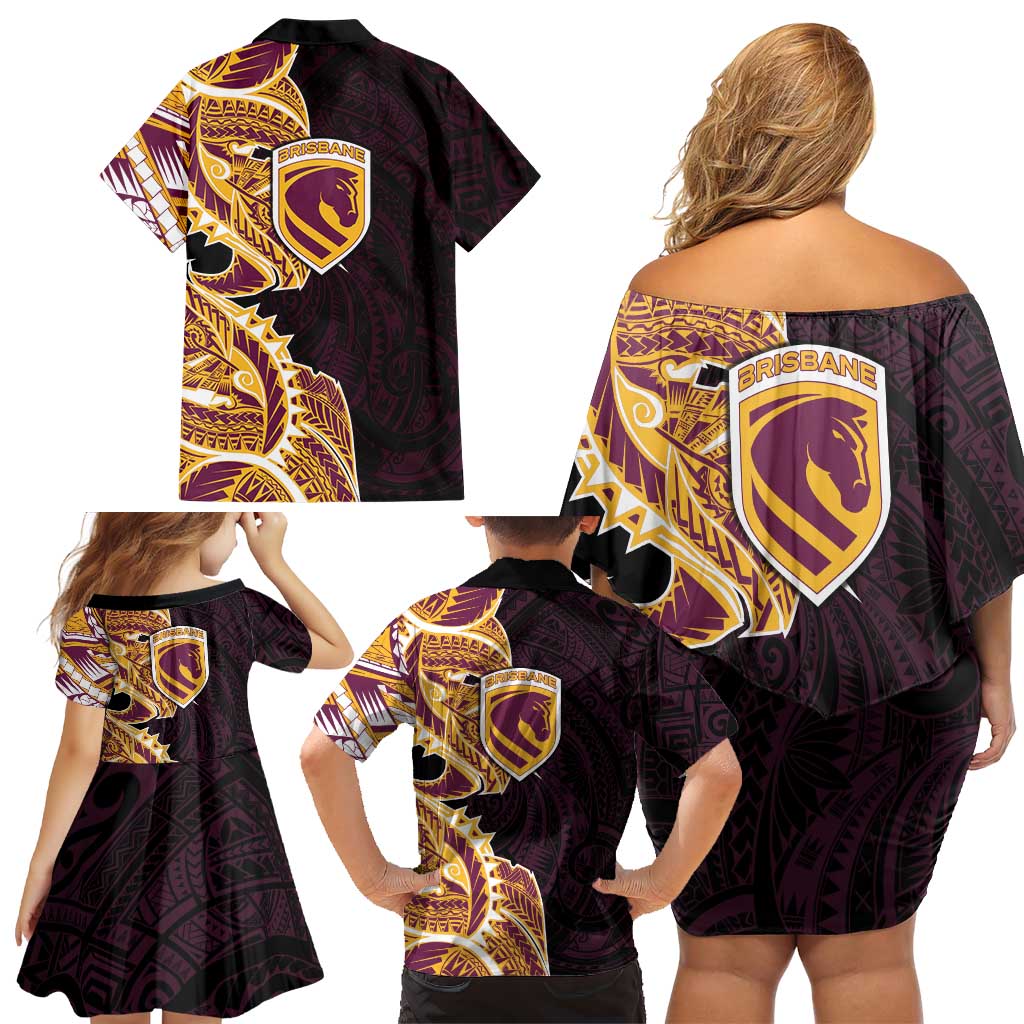 Brisbane Broncos Family Matching Off Shoulder Short Dress and Hawaiian Shirt Polynesian Tribal Tattoo Pacific Sport Art