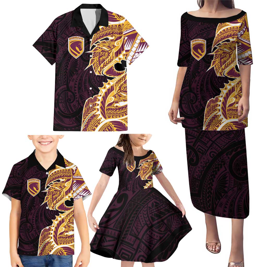 Brisbane Broncos Family Matching Puletasi and Hawaiian Shirt Polynesian Tribal Tattoo Pacific Sport Art