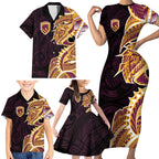 Brisbane Broncos Family Matching Short Sleeve Bodycon Dress and Hawaiian Shirt Polynesian Tribal Tattoo Pacific Sport Art