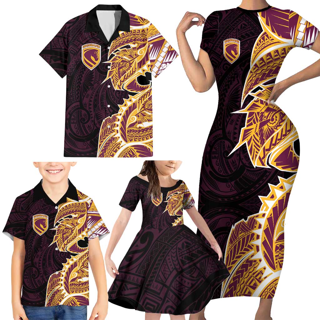 Brisbane Broncos Family Matching Short Sleeve Bodycon Dress and Hawaiian Shirt Polynesian Tribal Tattoo Pacific Sport Art