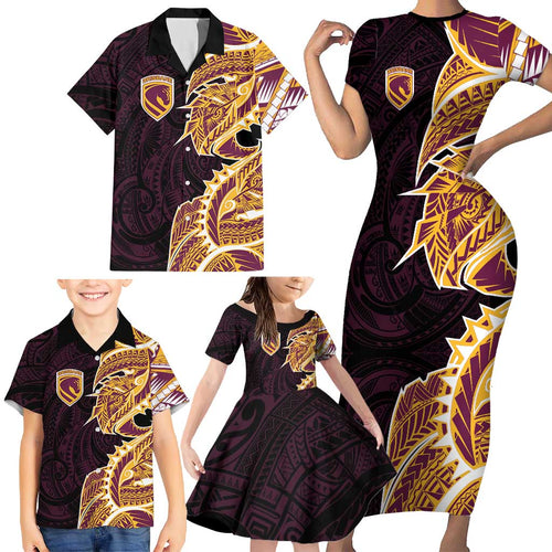 Brisbane Broncos Family Matching Short Sleeve Bodycon Dress and Hawaiian Shirt Polynesian Tribal Tattoo Pacific Sport Art