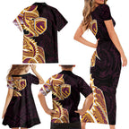 Brisbane Broncos Family Matching Short Sleeve Bodycon Dress and Hawaiian Shirt Polynesian Tribal Tattoo Pacific Sport Art
