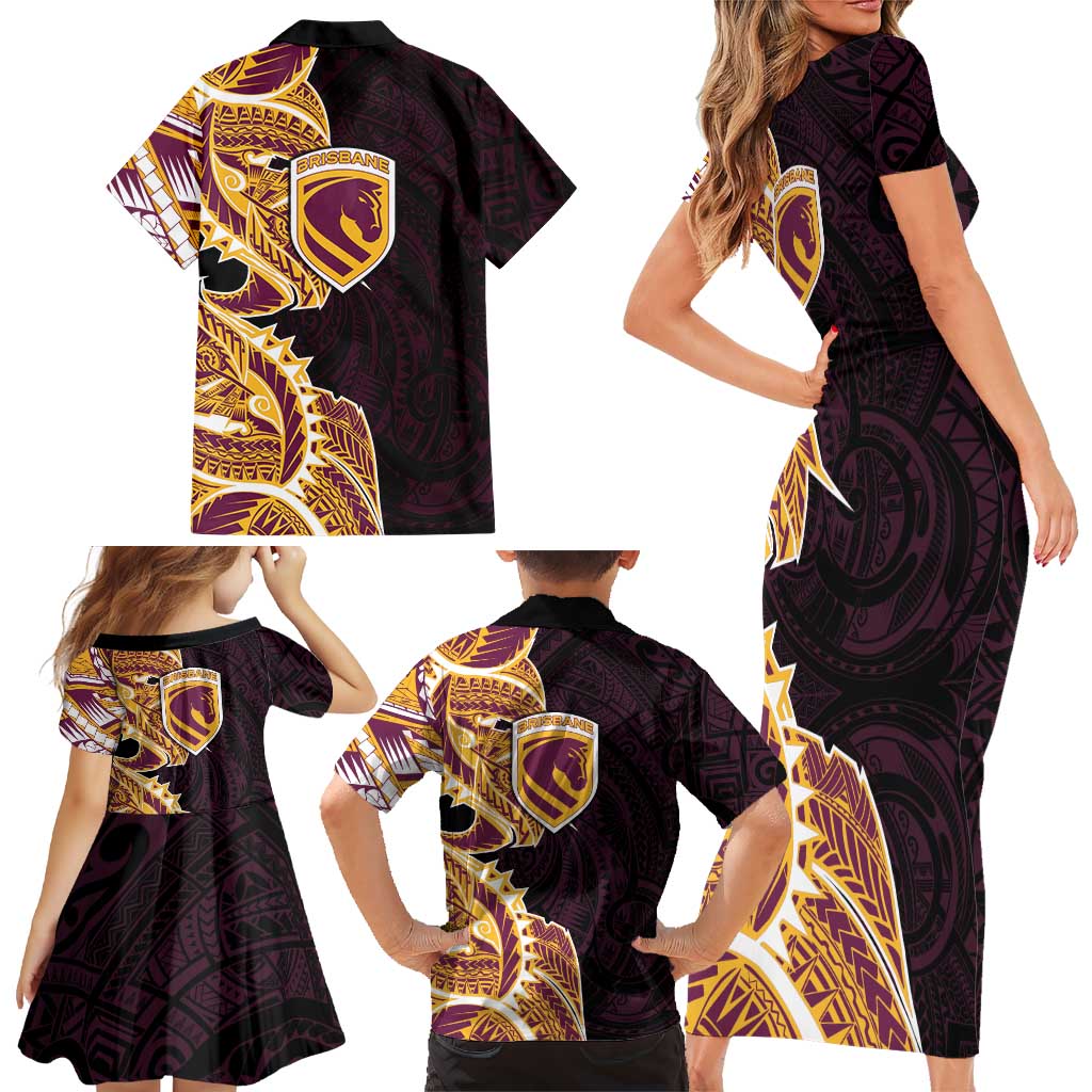 Brisbane Broncos Family Matching Short Sleeve Bodycon Dress and Hawaiian Shirt Polynesian Tribal Tattoo Pacific Sport Art