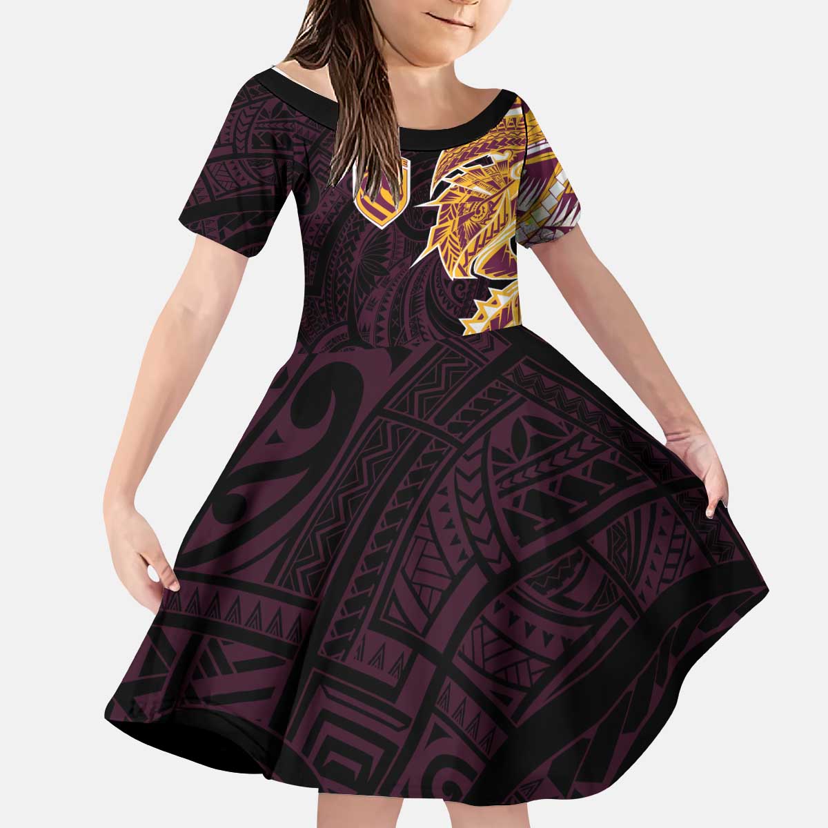 Brisbane Broncos Kid Short Sleeve Dress Polynesian Tribal Tattoo Pacific Sport Art