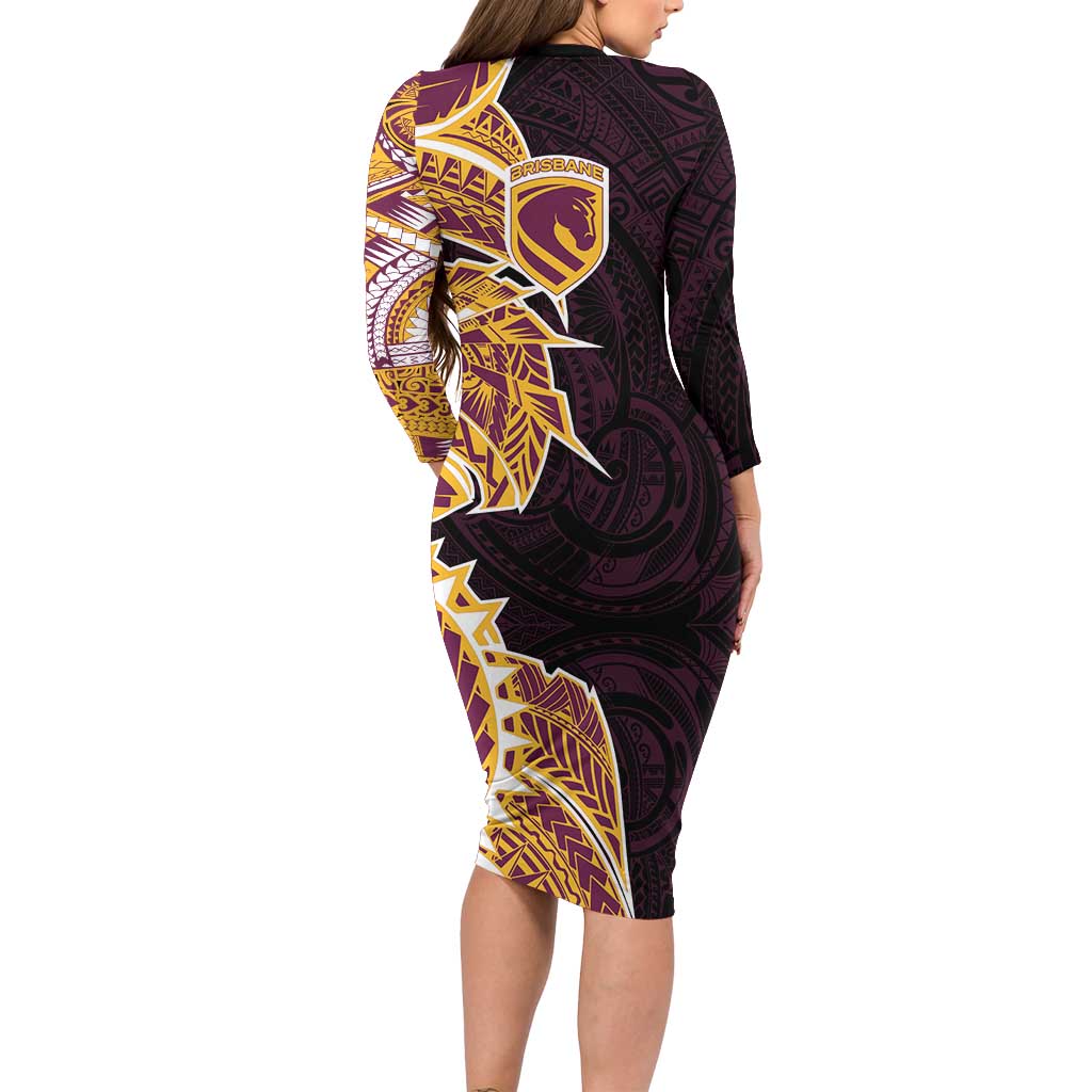 Brisbane Broncos Long Sleeve Bodycon Dress Polynesian Tribal Tattoo Pacific Sport Art