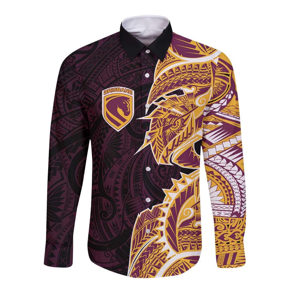 Brisbane Broncos Long Sleeve Button Shirt Polynesian Tribal Tattoo Pacific Sport Art
