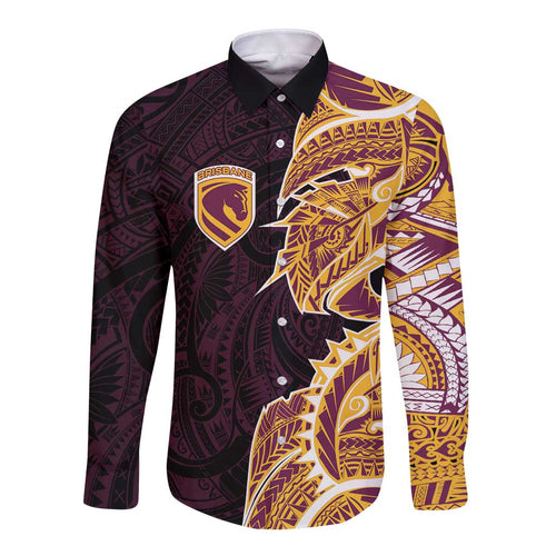 Brisbane Broncos Long Sleeve Button Shirt Polynesian Tribal Tattoo Pacific Sport Art