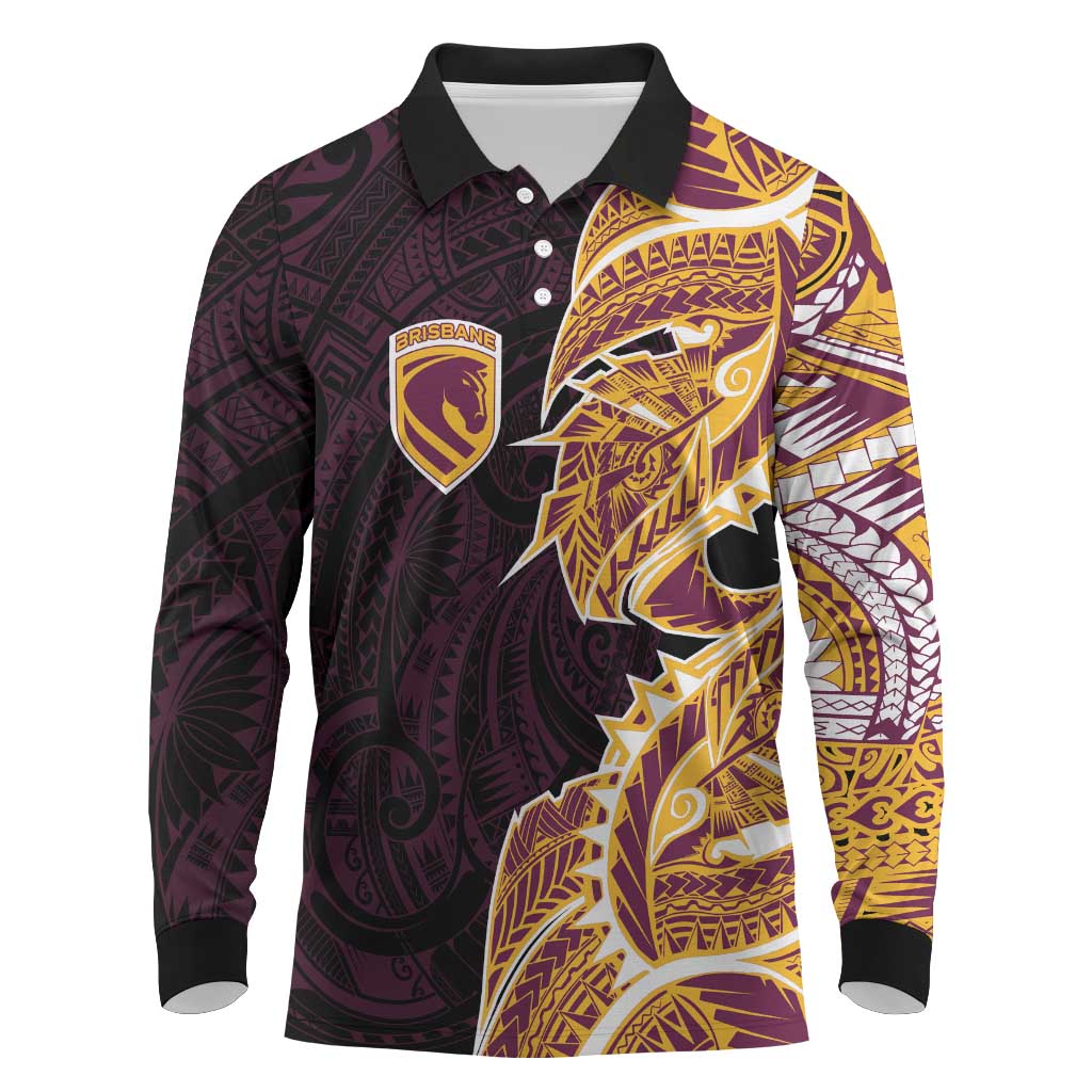 Brisbane Broncos Long Sleeve Polo Shirt Polynesian Tribal Tattoo Pacific Sport Art