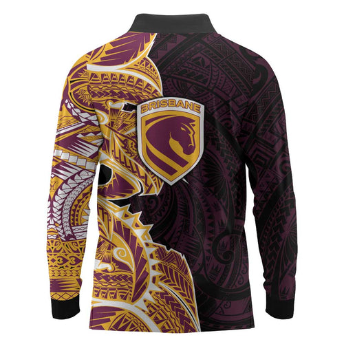 Brisbane Broncos Long Sleeve Polo Shirt Polynesian Tribal Tattoo Pacific Sport Art