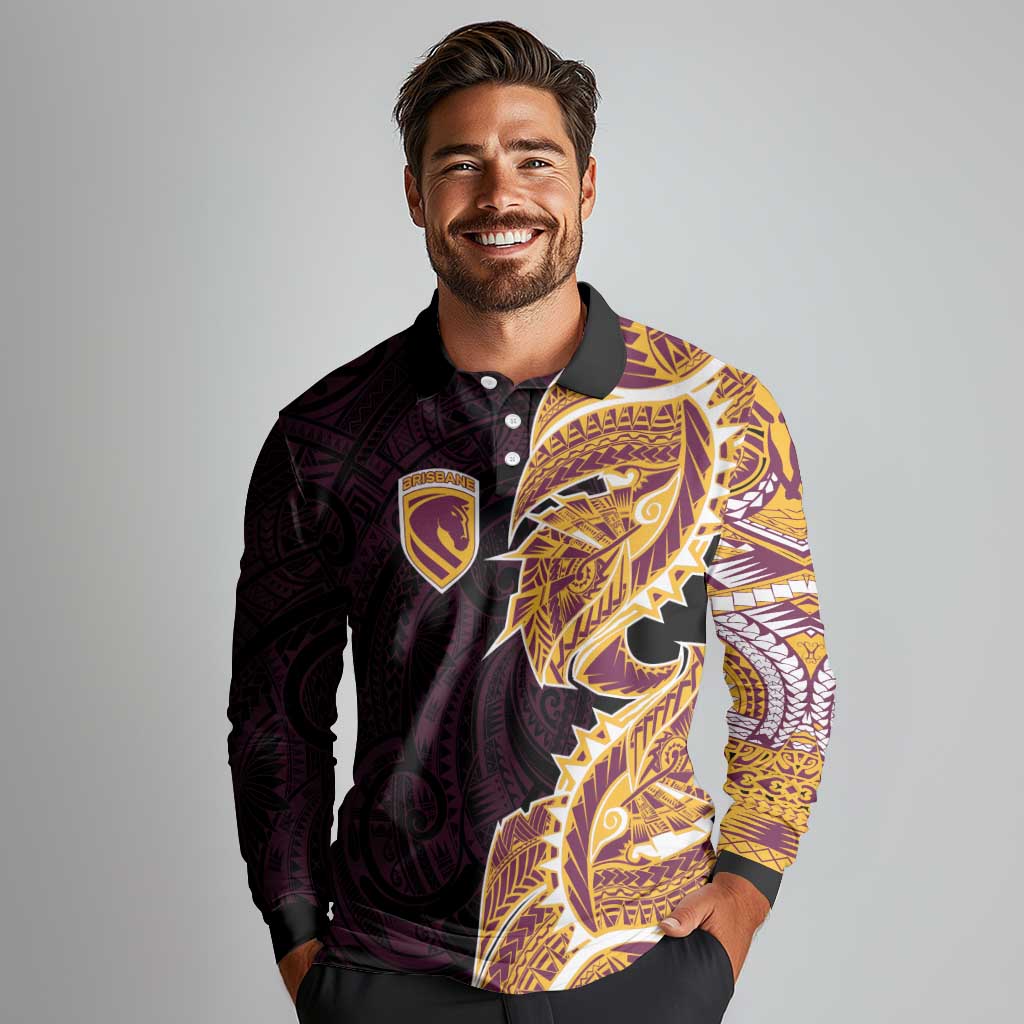 Brisbane Broncos Long Sleeve Polo Shirt Polynesian Tribal Tattoo Pacific Sport Art