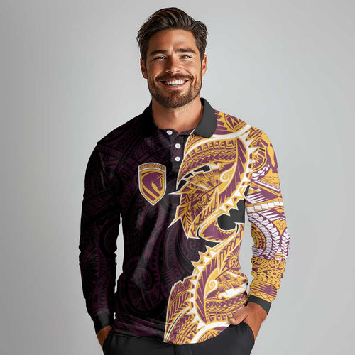Brisbane Broncos Long Sleeve Polo Shirt Polynesian Tribal Tattoo Pacific Sport Art