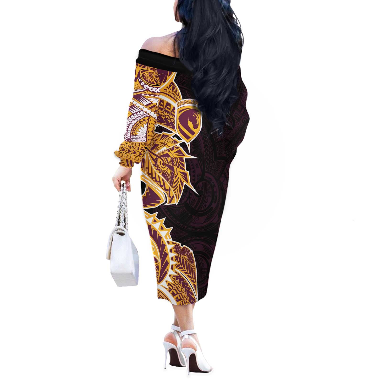 Brisbane Broncos Off The Shoulder Long Sleeve Dress Polynesian Tribal Tattoo Pacific Sport Art