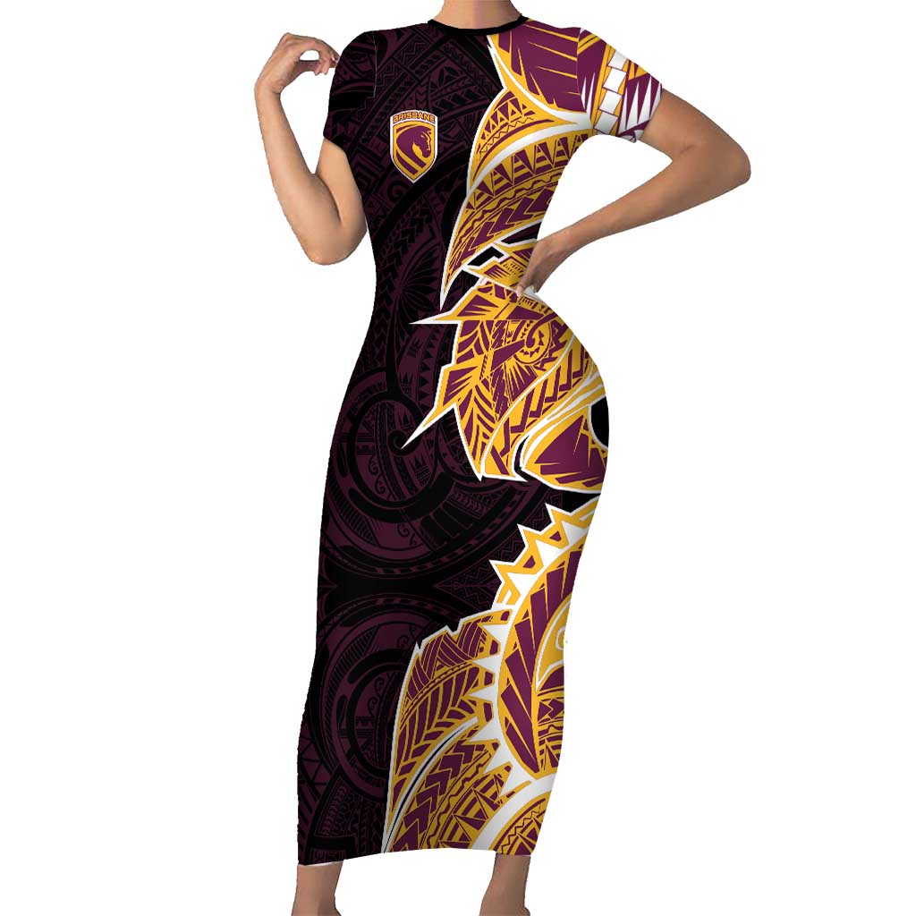 Brisbane Broncos Short Sleeve Bodycon Dress Polynesian Tribal Tattoo Pacific Sport Art