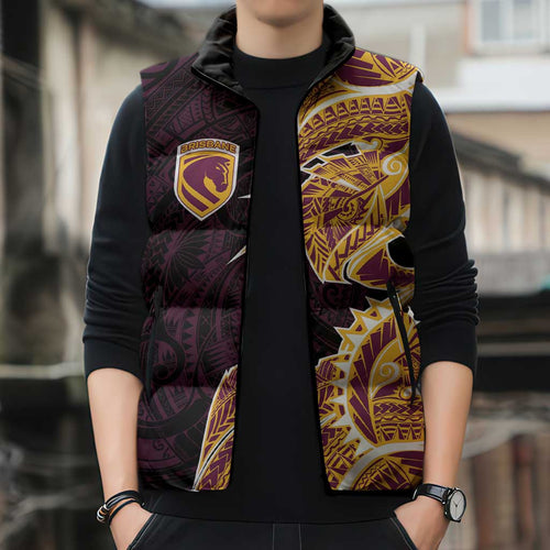 Brisbane Broncos Sleeveless Puffer Jacket Polynesian Tribal Tattoo Pacific Sport Art