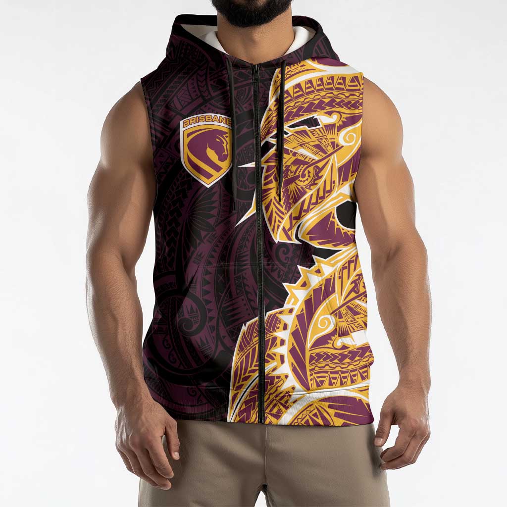 Brisbane Broncos Sleeveless Zip Hoodie Polynesian Tribal Tattoo Pacific Sport Art