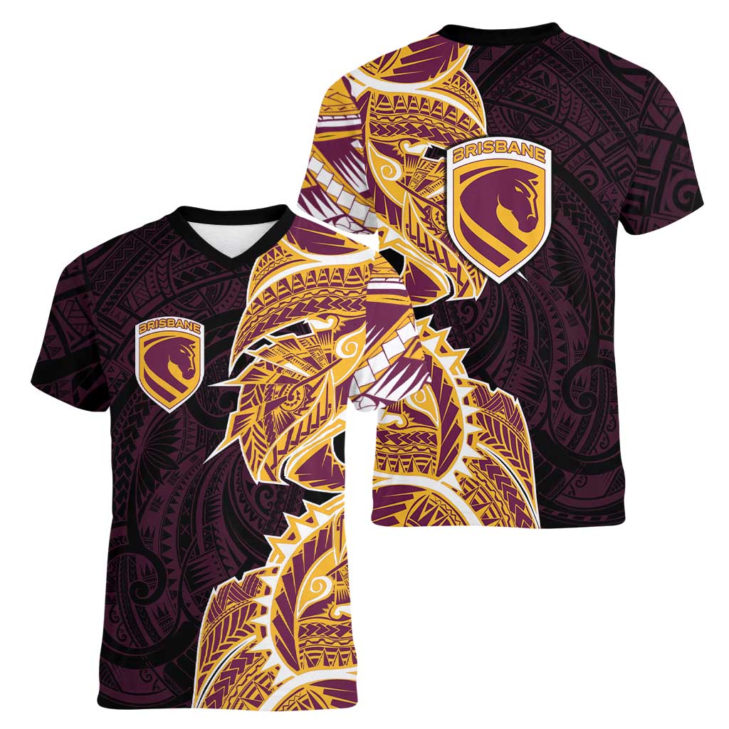 Brisbane Broncos Women V-Neck T-Shirt Polynesian Tribal Tattoo Pacific Sport Art