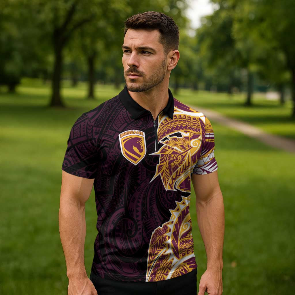Brisbane Broncos Zipper Polo Shirt Polynesian Tribal Tattoo Pacific Sport Art