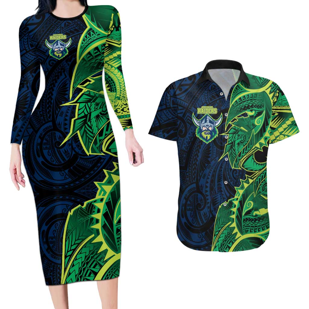 Canberra Raiders Couples Matching Long Sleeve Bodycon Dress and Hawaiian Shirt Polynesian Tribal Tattoo Pacific Sport Art